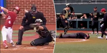 College baseball umpire knocked out of game by foul ball in terrifying scene