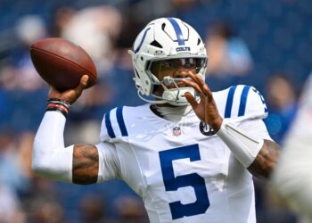 Indianapolis Colts quarterback Anthony Richardson (5) throws a football.