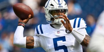 Indianapolis Colts quarterback Anthony Richardson (5) throws a football.