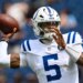 Indianapolis Colts quarterback Anthony Richardson (5) throws a football.