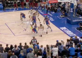 Jarrett Allen fouled during a basketball game.