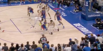Jarrett Allen fouled during a basketball game.
