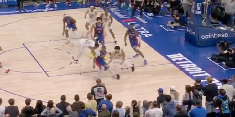 Jarrett Allen fouled during a basketball game.