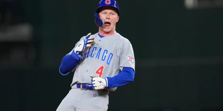 Chicago Cubs' Pete Crow-Armstrong reacting after hitting a double.