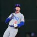 Chicago Cubs' Pete Crow-Armstrong reacting after hitting a double.