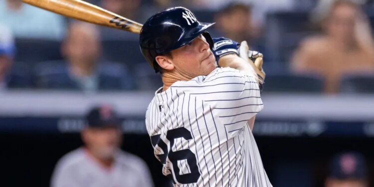 DJ LeMahieu #26 of the New York Yankees hits a solo homer during the fifth inning against the Boston Red Sox at Yankee Stadium, Sunday, June 8, 2025, in Bronx, NY. (