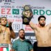 Boxers David Benavidez and Gilberto Ramirez holding championship belts at a weigh-in.