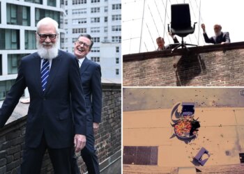 David Letterman and Stephen Colbert trash CBS furniture in rooftop revenge stunt
