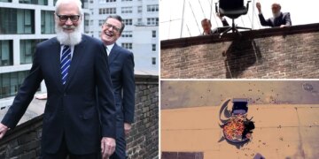 David Letterman and Stephen Colbert trash CBS furniture in rooftop revenge stunt