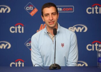 David Stearns, President of Baseball Operations for the New York Mets, speaks at a press conference before the game when the New York Mets played the Detroit Tigers Tuesday, May 12, 2026 at Citi Field in Queens.
