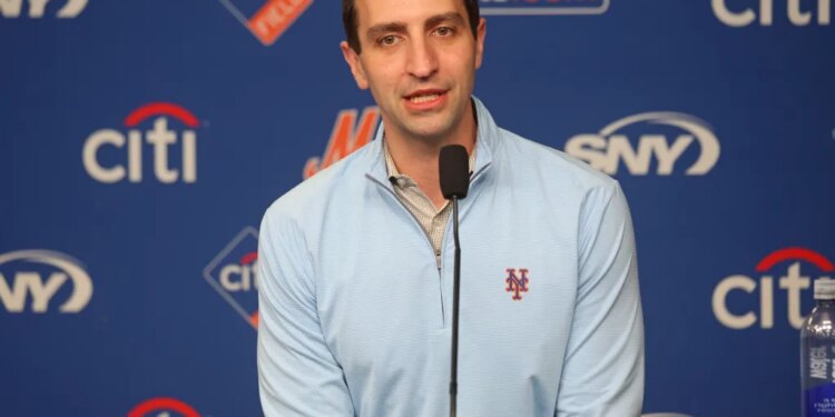 David Stearns, President of Baseball Operations for the New York Mets, speaks at a press conference before the game when the New York Mets played the Detroit Tigers Tuesday, May 12, 2026 at Citi Field in Queens.