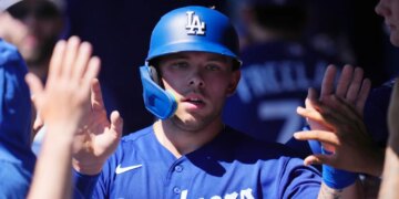Dalton Rushing in his blue Dodgers uniform and batting helmet high-fives teammates in the dugout.
