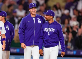 Shohei Ohtani and Mookie Betts after a May 14, 2026 game against the Dodgers.