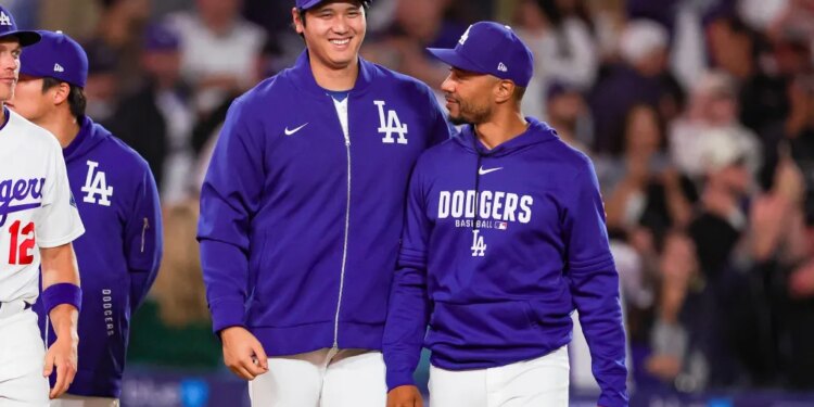 Shohei Ohtani and Mookie Betts after a May 14, 2026 game against the Dodgers.