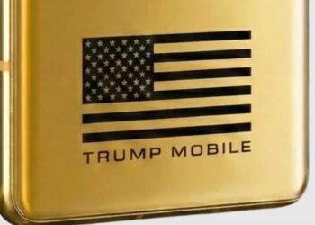 A still from Trump Mobile’s promotional video showing the T1 Phone with only 11 stripes on the US flag.