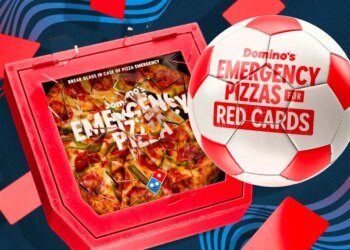 Illustration of a red box with "BREAK GLASS IN CASE OF PIZZA EMERGENCY" containing a pepperoni and pepper pizza, next to a soccer ball that says "Domino's EMERGENCY PIZZAS FOR RED CARDS."