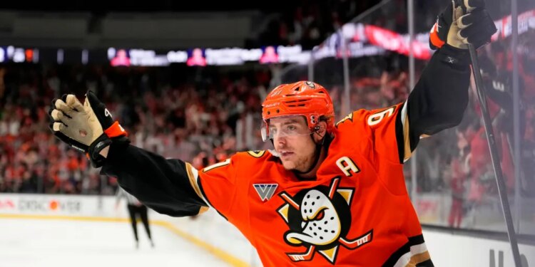 Anaheim Ducks center Leo Carlsson celebrates his empty net goal.