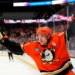 Anaheim Ducks center Leo Carlsson celebrates his empty net goal.