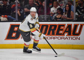 May 8, 2026; Anaheim, California, USA; Vegas Golden Knights center Jack Eichel (9) moves the puck against the Anaheim Ducks during the second period in game three of the second round of the 2026 Stanley Cup Playoffs at Honda Center. Mandatory Credit: Gary A. Vasquez-Imagn Images