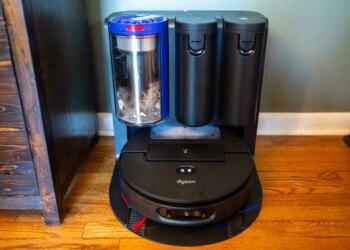 The Dyson Spot + Scrub is Dyson’s first robot vacuum with a multifunctional dock that can empty the robot’s bin, wash its mop, drain and refill its water tanks.