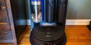 The Dyson Spot + Scrub is Dyson’s first robot vacuum with a multifunctional dock that can empty the robot’s bin, wash its mop, drain and refill its water tanks.
