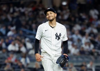New York Yankees pitcher Elmer Rodríguez reacts on the mound in the fifth inning at Yankee Stadium in The Bronx, New York, USA, Tuesday, May 05, 2026.