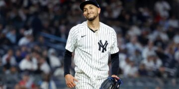 New York Yankees pitcher Elmer Rodríguez reacts on the mound in the fifth inning at Yankee Stadium in The Bronx, New York, USA, Tuesday, May 05, 2026.