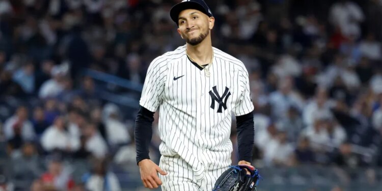 New York Yankees pitcher Elmer Rodríguez reacts on the mound in the fifth inning at Yankee Stadium in The Bronx, New York, USA, Tuesday, May 05, 2026.