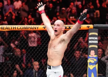 Sean Strickland reacts after a TKO victory against Anthony Hernandez in a middleweight fight during the UFC Fight Night event at Toyota Center on February 21, 2026 in Houston, Texas.