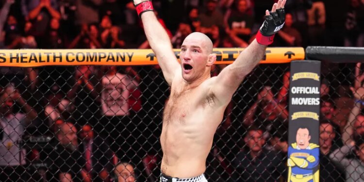 Sean Strickland reacts after a TKO victory against Anthony Hernandez in a middleweight fight during the UFC Fight Night event at Toyota Center on February 21, 2026 in Houston, Texas.