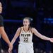 Indiana Fever guard Caitlin Clark (22) reacts to a call during the first half of a WNBA basketball game against the Los Angeles Sparks Wednesday, May 13, 2026, in Los Angeles.