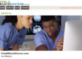 Homepage for FindABlackDoctor.com featuring two doctors looking at a computer monitor displaying brain scans.
