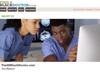 Homepage for FindABlackDoctor.com featuring two doctors looking at a computer monitor displaying brain scans.
