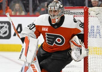 Apr 25, 2026; Philadelphia, Pennsylvania, USA; Philadelphia Flyers goaltender Dan Vladar (80) against the Pittsburgh Penguins during the second period in game four of the first round of the 2026 Stanley Cup Playoffs at Xfinity Mobile Arena. Mandatory Credit: Eric Hartline-Imagn Images