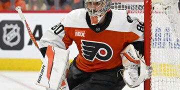 Apr 25, 2026; Philadelphia, Pennsylvania, USA; Philadelphia Flyers goaltender Dan Vladar (80) against the Pittsburgh Penguins during the second period in game four of the first round of the 2026 Stanley Cup Playoffs at Xfinity Mobile Arena. Mandatory Credit: Eric Hartline-Imagn Images