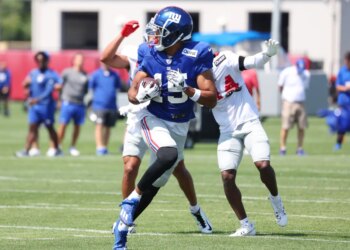New York Giants wide receiver Collin Johnson (15) when the New York Giants practiced as part of Giants Training Camp Tuesday, August 22, 2023 at Quest Diagnostics Training Center in East Rutherford, NJ.