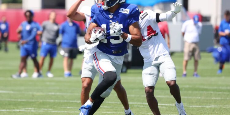 New York Giants wide receiver Collin Johnson (15) when the New York Giants practiced as part of Giants Training Camp Tuesday, August 22, 2023 at Quest Diagnostics Training Center in East Rutherford, NJ.