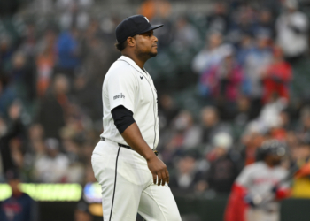 Tigers starter Framber Valdez reacts after being ejected on May 5, 2026.