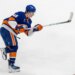 New York Islanders defenseman Matthew Schaefer (48) shoots during the third period against the Carolina Hurricanes at UBS Arena, Tuesday, April 14, 2026
