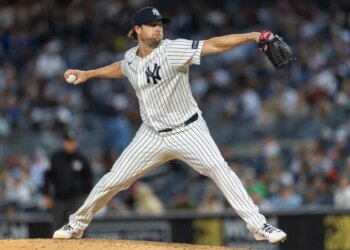 New York Yankees pitcher Gerrit Cole throws the ball during a game against the Tampa Bay Rays.