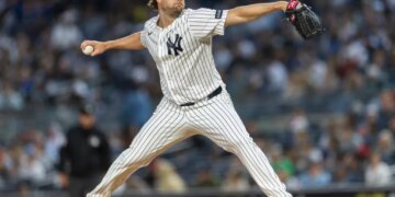 New York Yankees pitcher Gerrit Cole throws the ball during a game against the Tampa Bay Rays.
