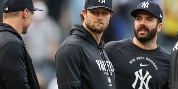 New York Yankees pitcher Gerrit Cole on the field.