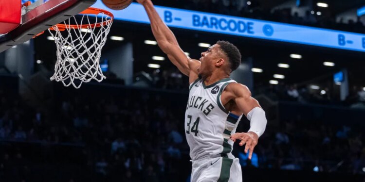 Milwaukee Bucks forward Giannis Antetokounmpo (34) dunks in the first half 
against the Brooklyn Nets at Barclays Center, Monday, Nov. 6, 2023, in Brooklyn, NY. (Corey Sipkin for the NY POST Photo/Corey Sipkin)
Brooklyn Nets vs. Milwaukee Bucks