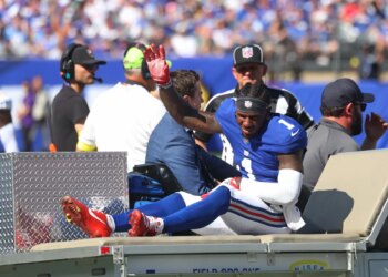 Giants wide receiver Malik Nabers is carted off with a knee injury during a game against the Chargers on Sept. 28, 2025.