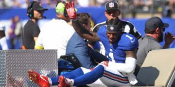 Giants wide receiver Malik Nabers is carted off with a knee injury during a game against the Chargers on Sept. 28, 2025.