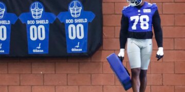 New York Giants offensive tackle Andrew Thomas (78) during football practice.