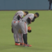 Giants outfielders bow after their win over the Dodgers on May 12, 2026.