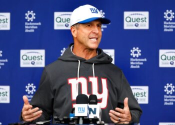 New York Giants head coach John Harbaugh answers questions from reporters during football practice, Saturday, May 9, 2026, in East Rutherford, N.J.