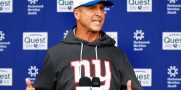 New York Giants head coach John Harbaugh answers questions from reporters during football practice, Saturday, May 9, 2026, in East Rutherford, N.J.