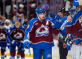 May 3, 2026; Denver, Colorado, USA; Colorado Avalanche defenseman Cale Makar (8) celebrates his goal scored against the Minnesota Wild during the third period in game one of the second round of the 2026 Stanley Cup Playoffs at Ball Arena. Mandatory Credit: Ron Chenoy-Imagn Images